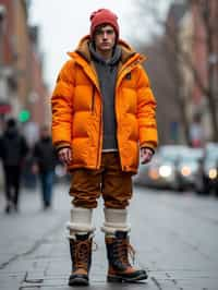 man wearing gorpcore aesthetic, functional outdoor clothing, bright colored puffer jacket, moonboots, beanie, white wool socks, outerwear, posing for photo in the street