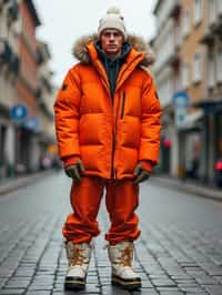 man wearing gorpcore aesthetic, functional outdoor clothing, bright colored puffer jacket, moonboots, beanie, white wool socks, outerwear, posing for photo in the street