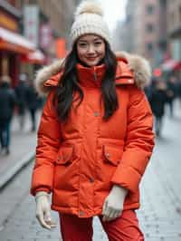 woman wearing gorpcore aesthetic, functional outdoor clothing, bright colored puffer jacket, moonboots, beanie, white wool socks, outerwear, posing for photo in the street