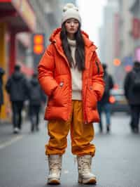 woman wearing gorpcore aesthetic, functional outdoor clothing, bright colored puffer jacket, moonboots, beanie, white wool socks, outerwear, posing for photo in the street