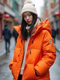 woman wearing gorpcore aesthetic, functional outdoor clothing, bright colored puffer jacket, moonboots, beanie, white wool socks, outerwear, posing for photo in the street