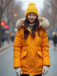 woman wearing gorpcore aesthetic, functional outdoor clothing, bright colored puffer jacket, moonboots, beanie, white wool socks, outerwear, posing for photo in the street