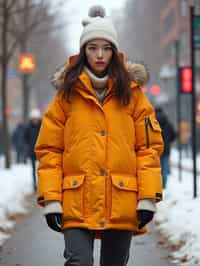 woman wearing gorpcore aesthetic, functional outdoor clothing, bright colored puffer jacket, moonboots, beanie, white wool socks, outerwear, posing for photo in the street