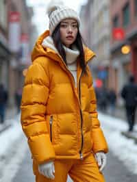 woman wearing gorpcore aesthetic, functional outdoor clothing, bright colored puffer jacket, moonboots, beanie, white wool socks, outerwear, posing for photo in the street