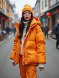 woman wearing gorpcore aesthetic, functional outdoor clothing, bright colored puffer jacket, moonboots, beanie, white wool socks, outerwear, posing for photo in the street