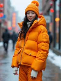 woman wearing gorpcore aesthetic, functional outdoor clothing, bright colored puffer jacket, moonboots, beanie, white wool socks, outerwear, posing for photo in the street