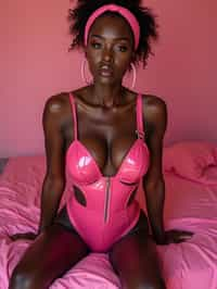 woman in a pink pvc latex lingerie sitting on a bed, heaven pink, hot pink, pink body harness, pink body, pink and black, hot pink and black, olivia kemp, pink background, pink, skye meaker, ellie victoria gale, 🤬 🤮 💕 🎀, casey cooke, posing in a bedroom, laica chrose, wearing a pink head band