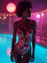 woman with hourglass figure,  in floral silk lingerie  at pool party with neon lights