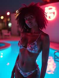 woman with hourglass figure,  in floral silk lingerie  at pool party with neon lights