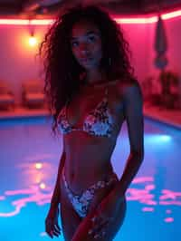 woman with hourglass figure,  in floral silk lingerie  at pool party with neon lights