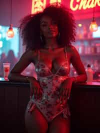 woman with hourglass figure,  in floral silk lingerie  at cocktail bar with neon lights