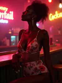 woman with hourglass figure,  in floral silk lingerie  at cocktail bar with neon lights