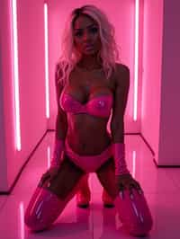 kneeling woman as woman, pink latex, thigh high boots night club, neon lights, platinum blonde