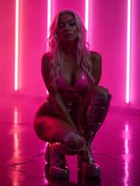 kneeling woman as woman, pink latex, thigh high boots night club, neon lights, platinum blonde