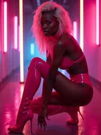 kneeling woman as woman, pink latex, thigh high boots night club, neon lights, platinum blonde