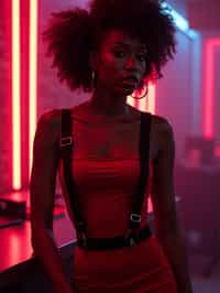 woman wearing (red bodycon dress) with (black suspenders garter straps)  in night club neon lights