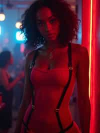 woman wearing (red bodycon dress) with (black suspenders garter straps)  in night club neon lights