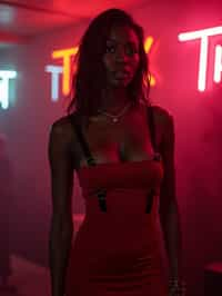 woman wearing (red bodycon dress) with (black suspenders garter straps)  in night club neon lights