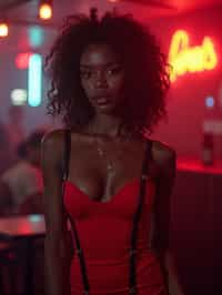 woman wearing (red bodycon dress) with (black suspenders garter straps)  in night club neon lights