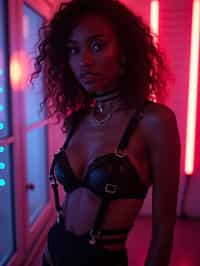 woman wearing (sexy nightlife lingerie club outfit mad max suspenders) with (black suspenders garter straps) in night club neon lights