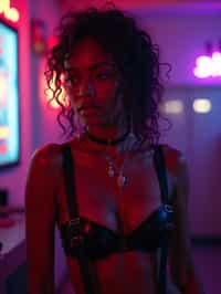 woman wearing (sexy nightlife lingerie club outfit mad max suspenders) with (black suspenders garter straps) in night club neon lights