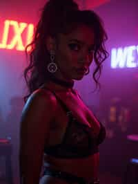 woman wearing (sexy nightlife lingerie club outfit mad max suspenders) with (black suspenders garter straps) in night club neon lights