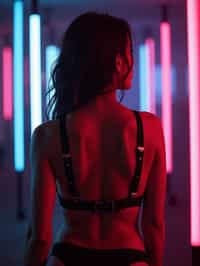 woman wearing (sexy nightlife lingerie club outfit mad max suspenders) with (black suspenders garter straps) in night club neon lights