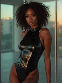 woman leaning against a reflective surface, wearing a glossy, skin-tight bodysuit that mirrors the surroundings