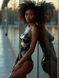 woman leaning against a reflective surface, wearing a glossy, skin-tight bodysuit that mirrors the surroundings