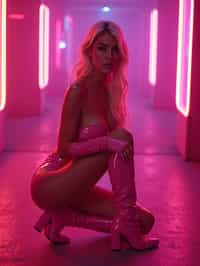 kneeling woman as woman, pink latex, thigh high boots night club, neon lights, platinum blonde