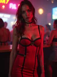 woman wearing (red bodycon dress) with (black suspenders garter straps)  in night club neon lights