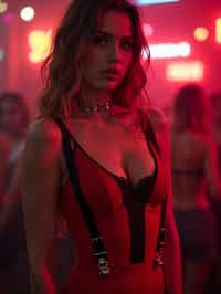 woman wearing (red bodycon dress) with (black suspenders garter straps)  in night club neon lights