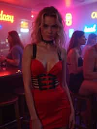 woman wearing (red bodycon dress) with (black suspenders garter straps)  in night club neon lights