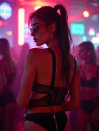 woman wearing (sexy nightlife lingerie club outfit mad max suspenders) with (black suspenders garter straps) in night club neon lights