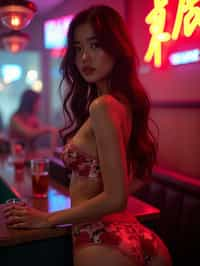 woman with hourglass figure,  in floral silk lingerie  at cocktail bar with neon lights