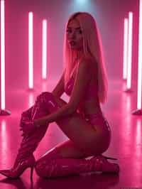 kneeling woman as woman, pink latex, thigh high boots night club, neon lights, platinum blonde