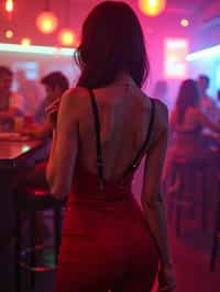 woman wearing (red bodycon dress) with (black suspenders garter straps)  in night club neon lights