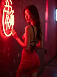 woman wearing (red bodycon dress) with (black suspenders garter straps)  in night club neon lights