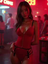 woman wearing (red bodycon dress) with (black suspenders garter straps)  in night club neon lights