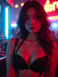 woman wearing (sexy nightlife lingerie club outfit mad max suspenders) with (black suspenders garter straps) in night club neon lights