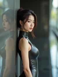 woman leaning against a reflective surface, wearing a glossy, skin-tight bodysuit that mirrors the surroundings