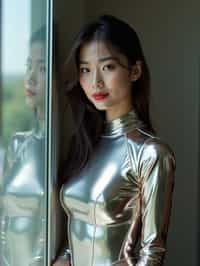 woman leaning against a reflective surface, wearing a glossy, skin-tight bodysuit that mirrors the surroundings