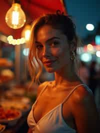 woman at a pop-up food market at night, combining the love for street food with nightlife