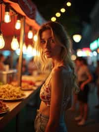 woman at a pop-up food market at night, combining the love for street food with nightlife