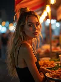 woman at a pop-up food market at night, combining the love for street food with nightlife