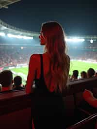 woman wearing black cut out dress   in a VIP box at a sporting event at night, capturing the thrill of live sports with nightlife