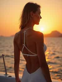 woman wearing skimpy cut out dress  at an exclusive yacht party sunset, capturing the essence of luxury and opulence