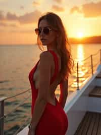 woman wearing skimpy cut out dress  at an exclusive yacht party sunset, capturing the essence of luxury and opulence