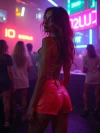 woman wearing mini skirt  in night club with neon lights