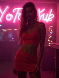 woman wearing mini skirt  in night club with neon lights